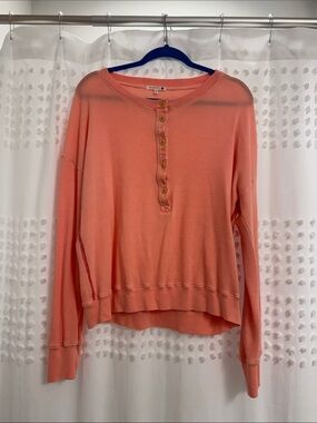 Sundry Coral Button-Front Waffle Henley Sweatshirt